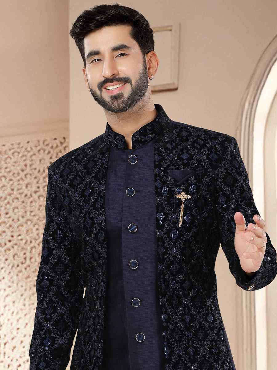 Navy Blue Silk Woven Festival Wedding Kurta