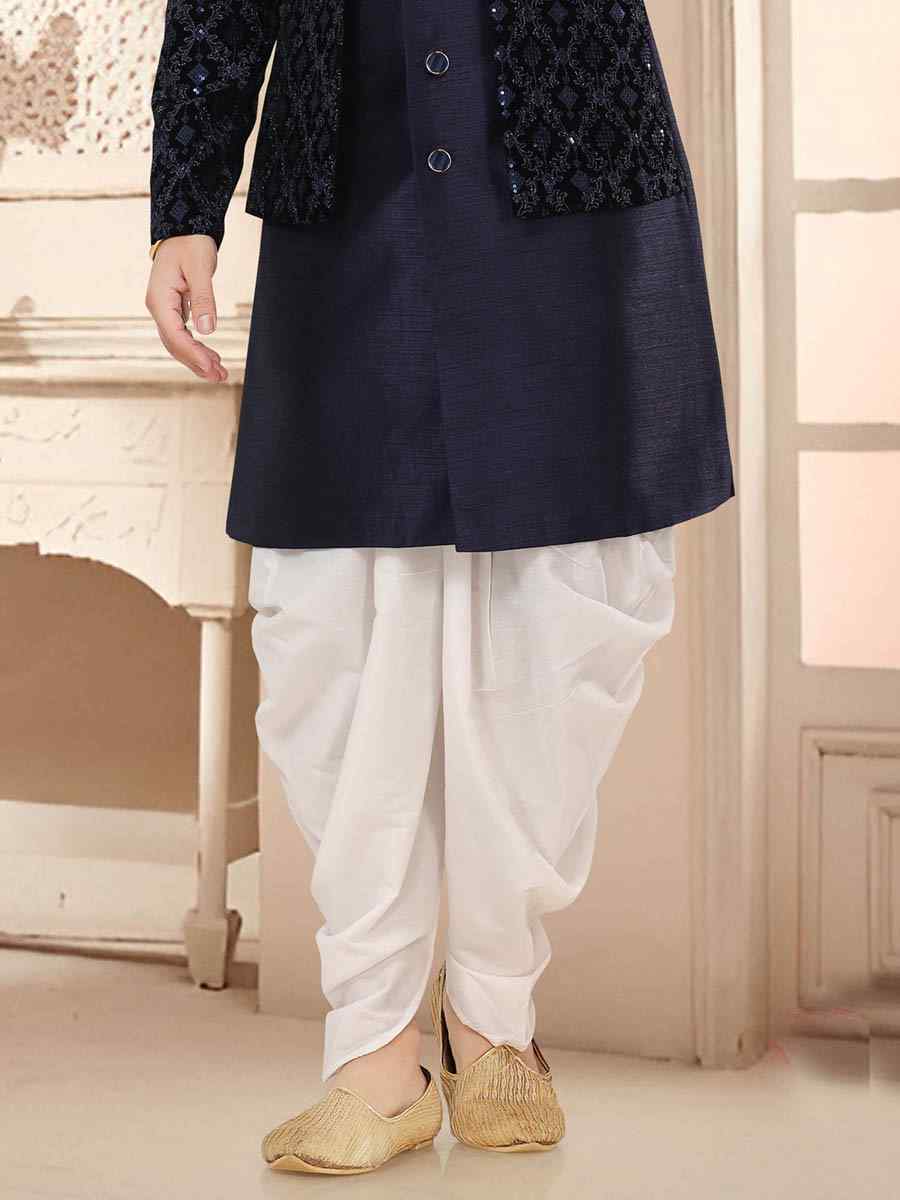 Navy Blue Silk Woven Festival Wedding Kurta
