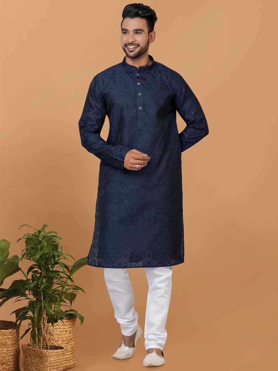 Navy Blue Silk Woven Festival Wedding Sherwani