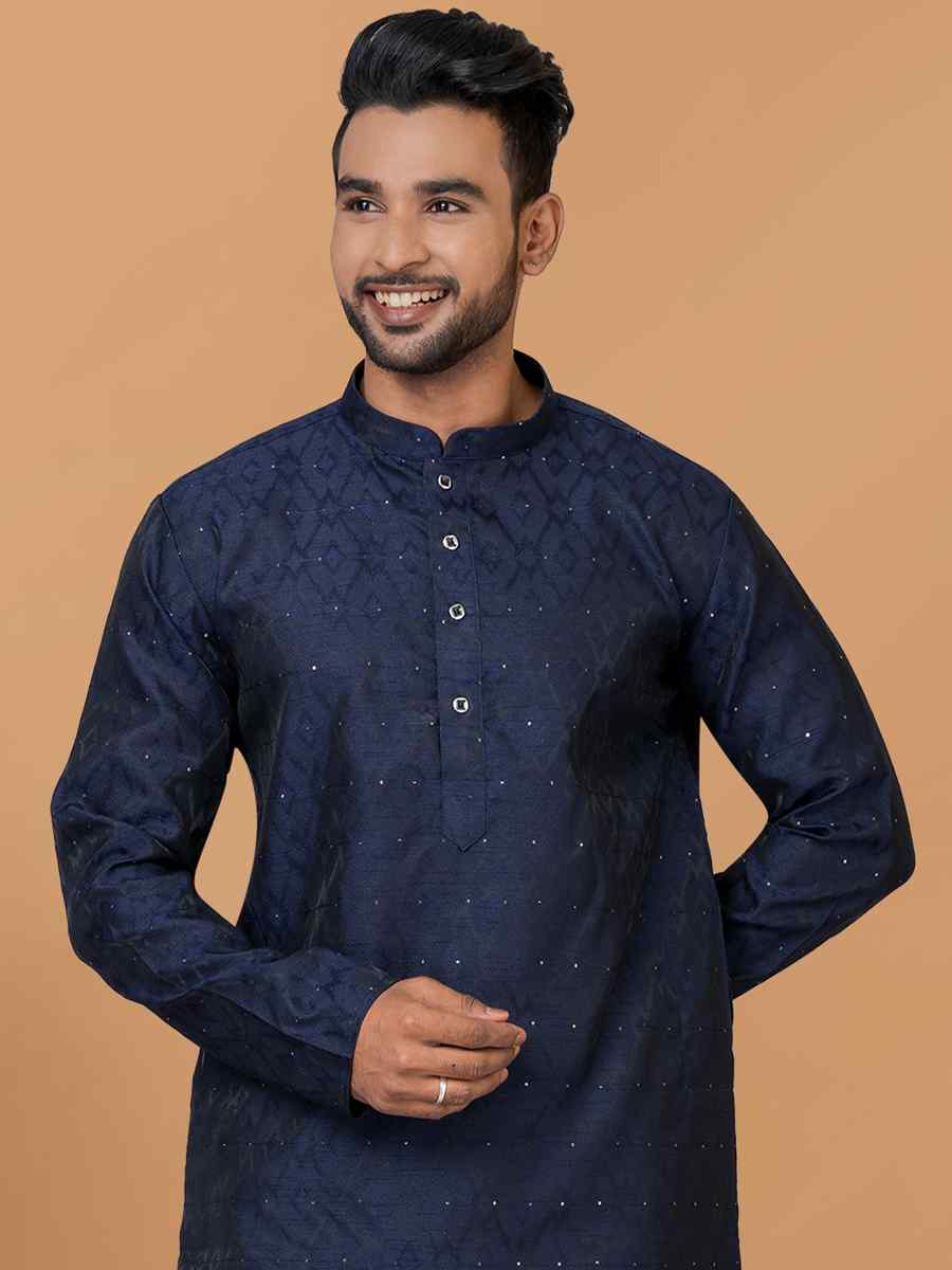 Navy Blue Silk Woven Festival Wedding Sherwani
