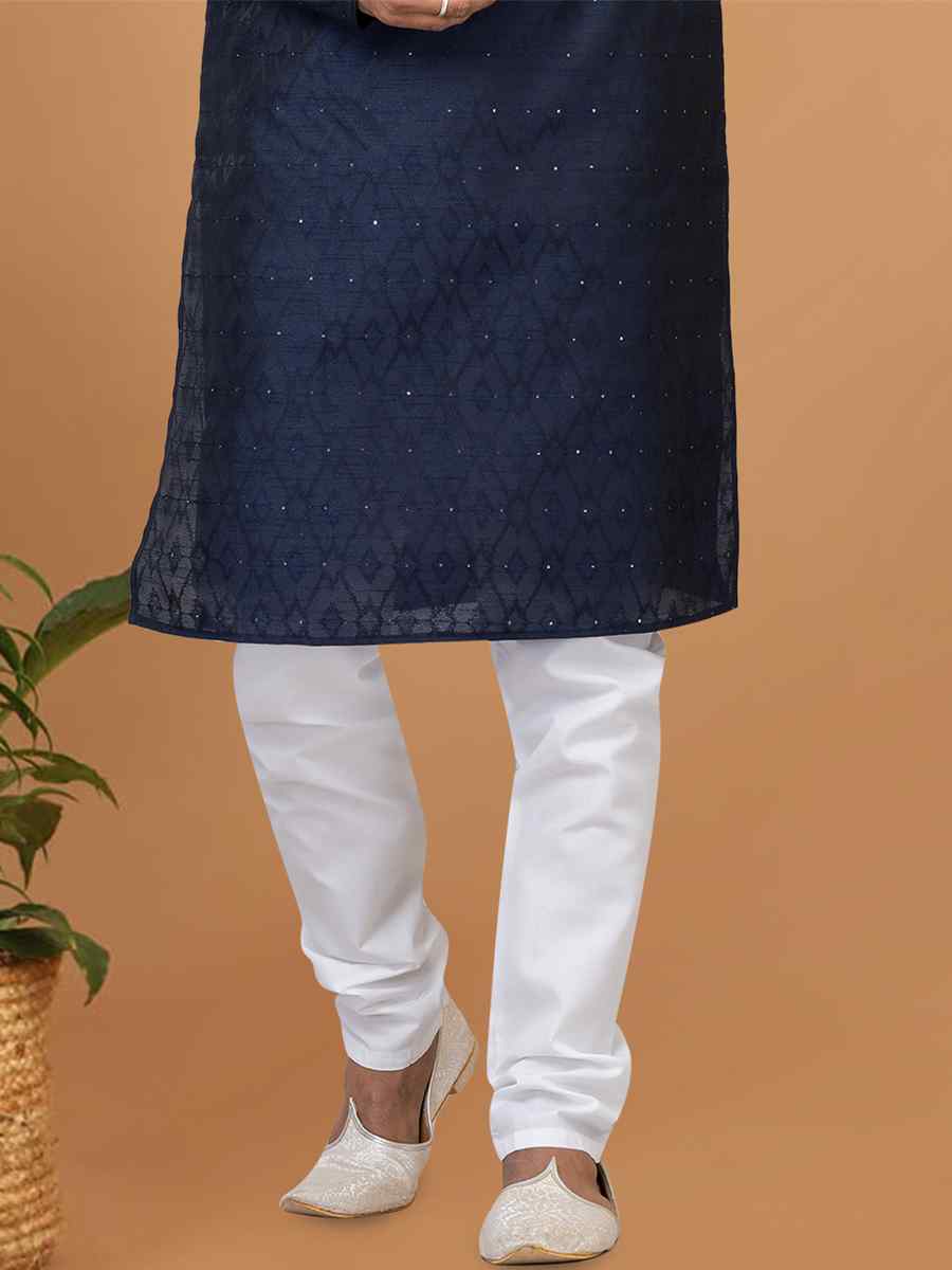 Navy Blue Silk Woven Festival Wedding Sherwani