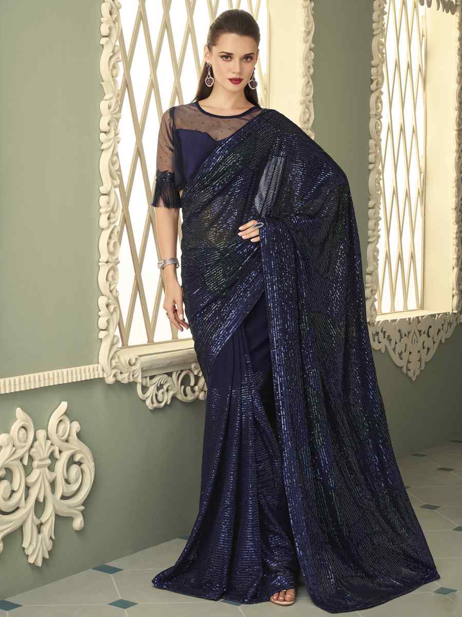 Navy Blue Smooth Gerogette Sequins Party Cocktail Classic Style Saree