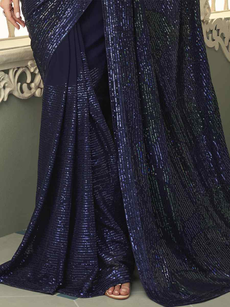 Navy Blue Smooth Gerogette Sequins Party Cocktail Classic Style Saree