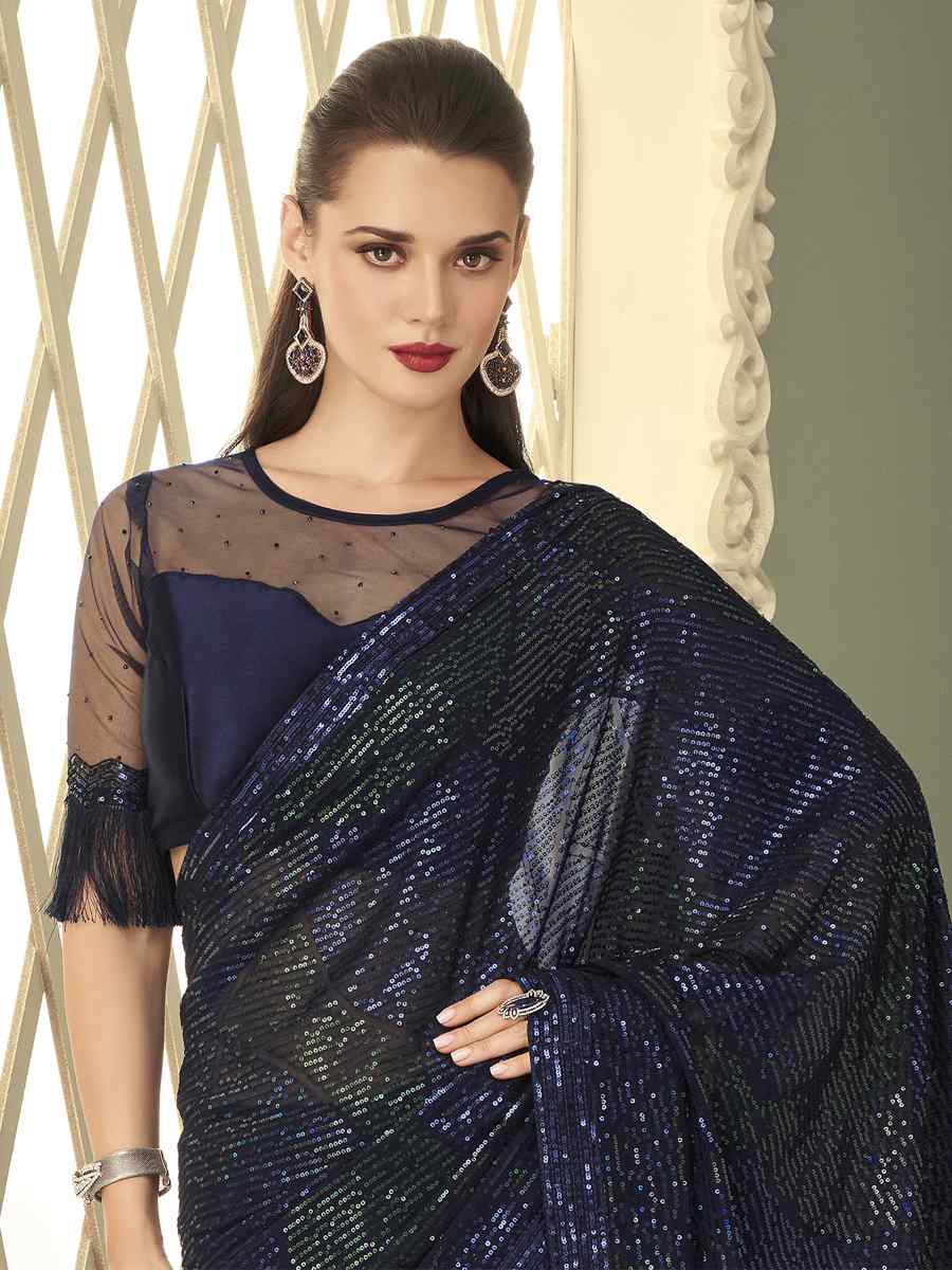 Navy Blue Smooth Gerogette Sequins Party Cocktail Classic Style Saree