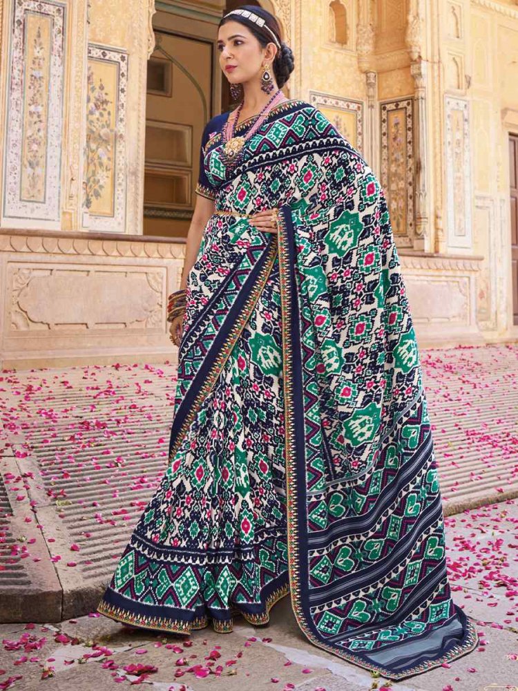 Navy Blue Smooth Patola Silk Printed Casual Festival Contemporary Saree