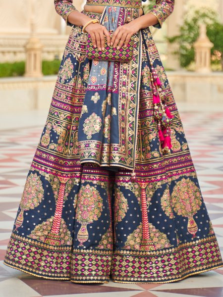 Navy Blue Smooth Rajvadi Silk Embroidered Bridal Wedding Heavy Border Lehenga Choli