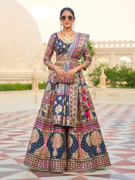 Navy Blue Smooth Rajvadi Silk Embroidered Bridal Wedding Heavy Border Lehenga Choli