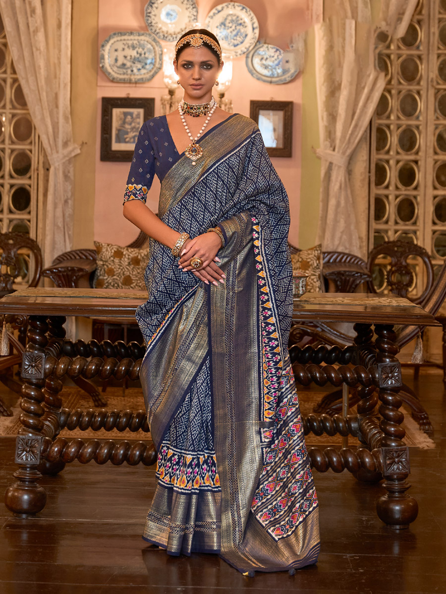 Navy Blue Smuth Patola Silk Handwoven Wedding Festival Heavy Border Saree