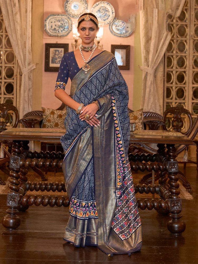 Navy Blue Smuth Patola Silk Handwoven Wedding Festival Heavy Border Saree