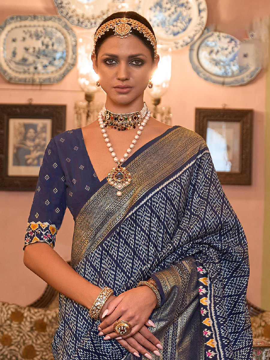 Navy Blue Smuth Patola Silk Handwoven Wedding Festival Heavy Border Saree