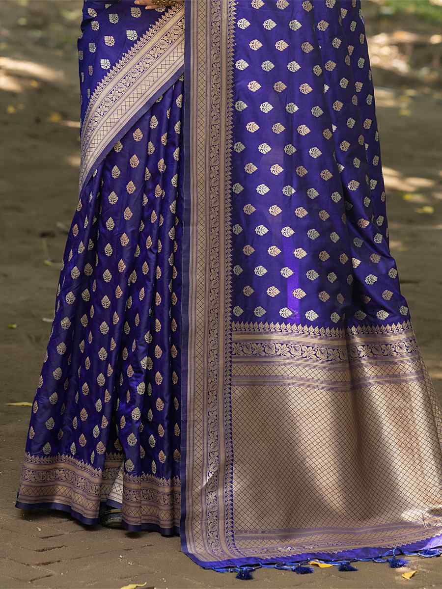 Navy Blue Soft Banarasi Silk Handwoven Wedding Festival Heavy Border Saree