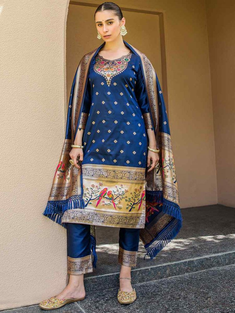 Navy Blue Soft Banarsi Silk Embroidered Casual Festival Pant Salwar Kameez