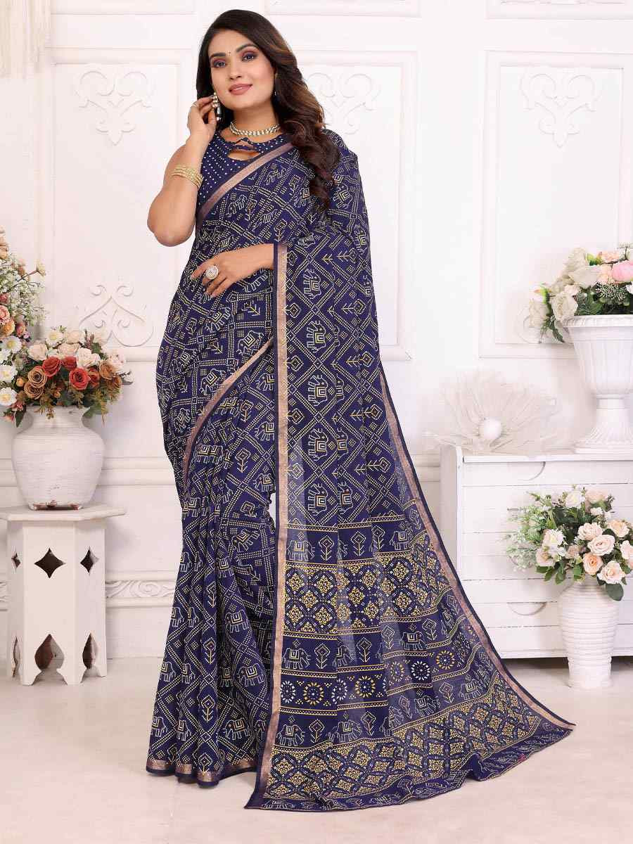 Navy Blue Soft Cotton Bandhej Print Zari Weaving Work Festival Wedding Fancy Heavy Border Saree