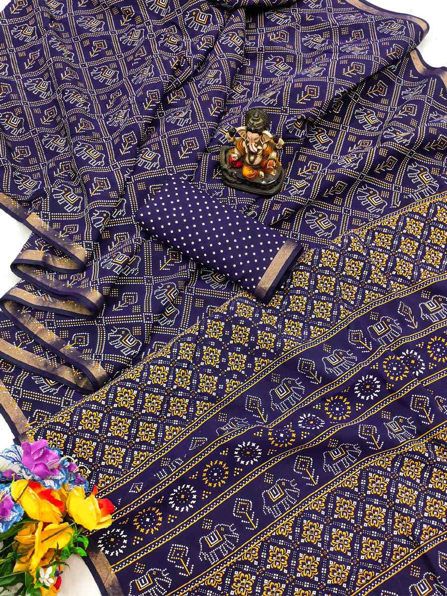 Navy Blue Soft Cotton Bandhej Print Zari Weaving Work Festival Wedding Fancy Heavy Border Saree