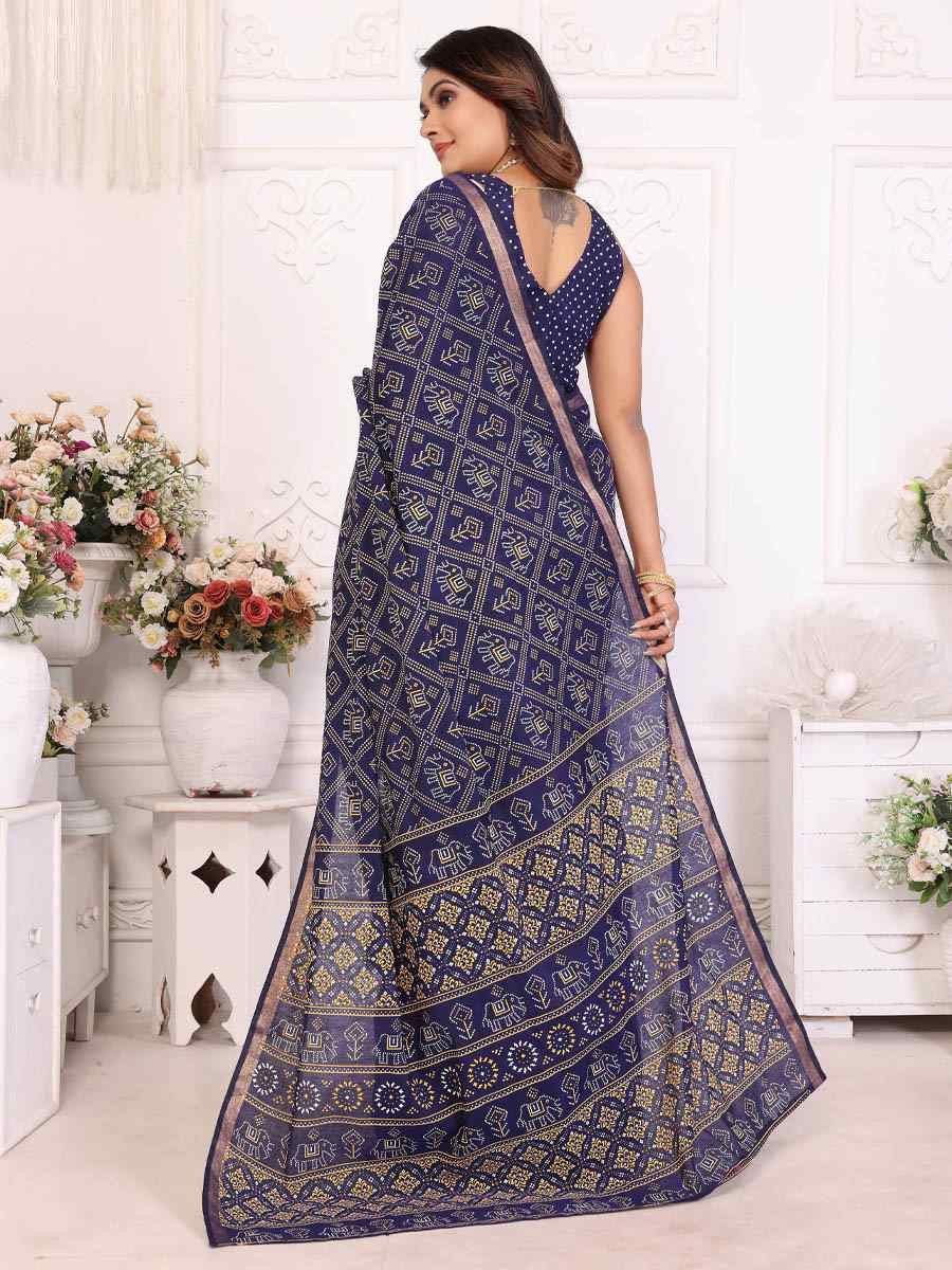Navy Blue Soft Cotton Bandhej Print Zari Weaving Work Festival Wedding Fancy Heavy Border Saree