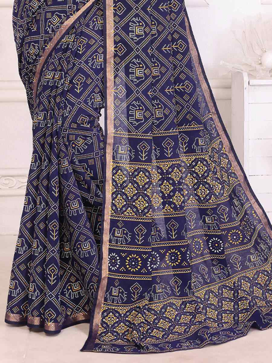 Navy Blue Soft Cotton Bandhej Print Zari Weaving Work Festival Wedding Fancy Heavy Border Saree