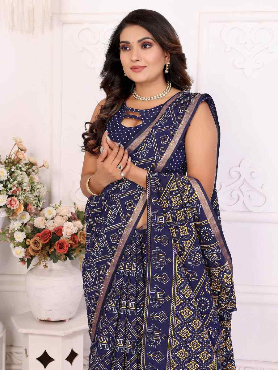 Navy Blue Soft Cotton Bandhej Print Zari Weaving Work Festival Wedding Fancy Heavy Border Saree