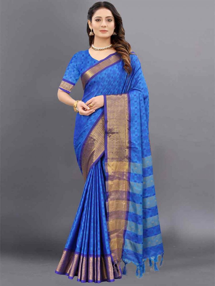 Navy Blue Soft Cotton Dobi Jacquard Silk Printed Festival Casual Contemporary Saree