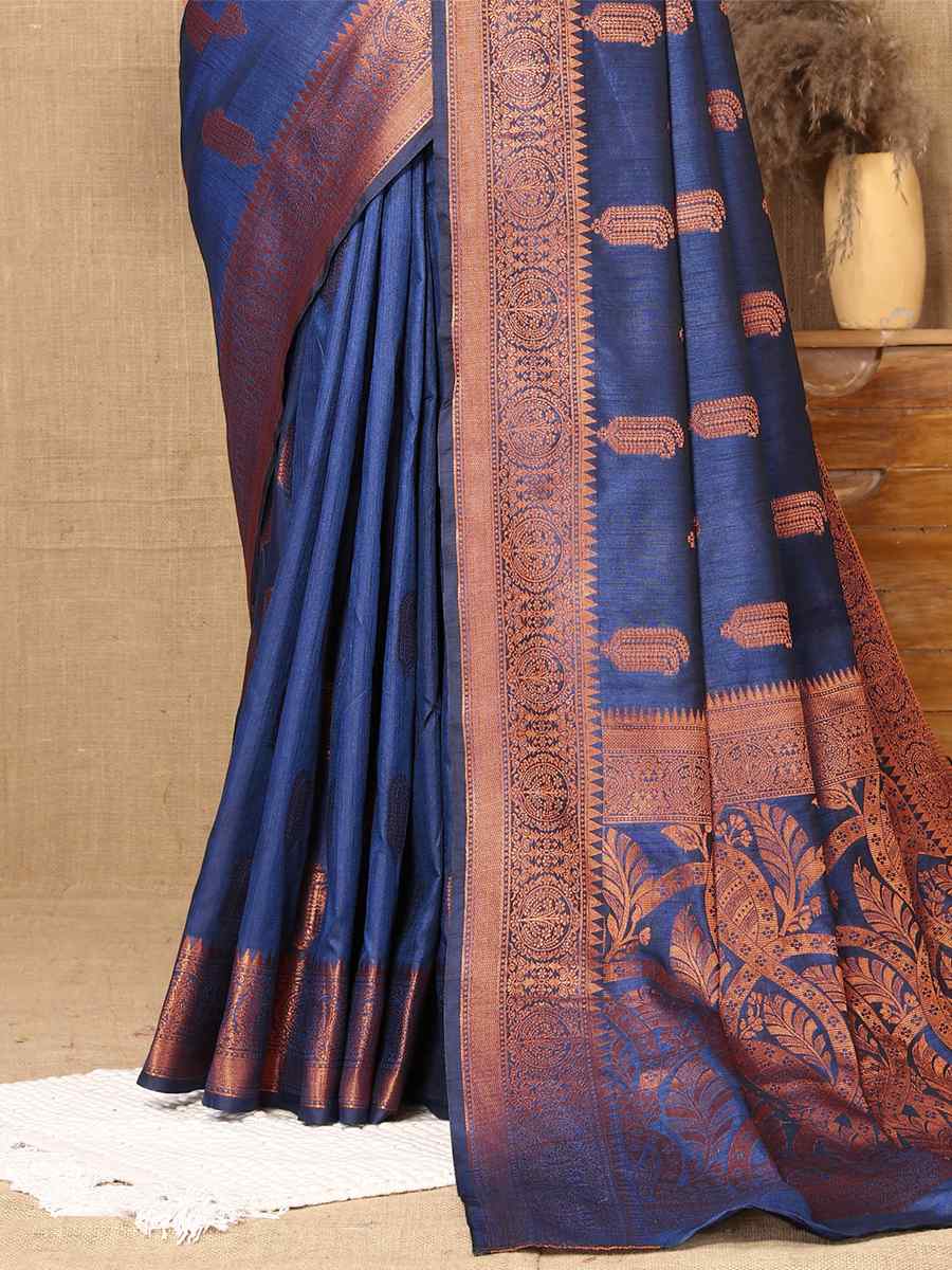 Navy Blue Soft Cotton Silk Handwoven Casual Festival Heavy Border Saree