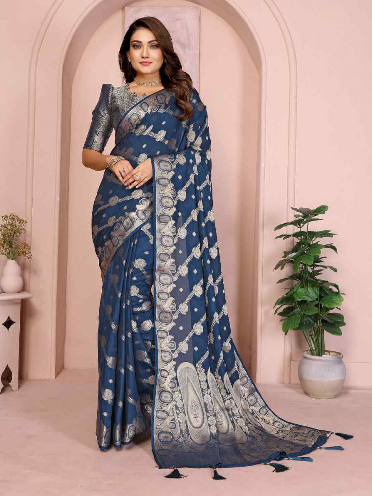 Image of Navy Blue Soft Georgette Silk Handwoven Festival Wedding Fancy Heavy Border Saree