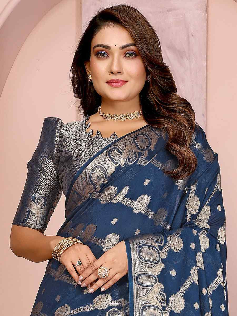 Navy Blue Soft Georgette Silk Handwoven Festival Wedding Fancy Heavy Border Saree