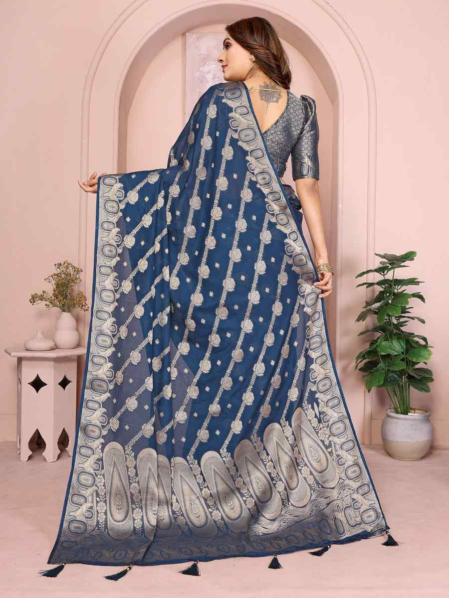 Navy Blue Soft Georgette Silk Handwoven Festival Wedding Fancy Heavy Border Saree