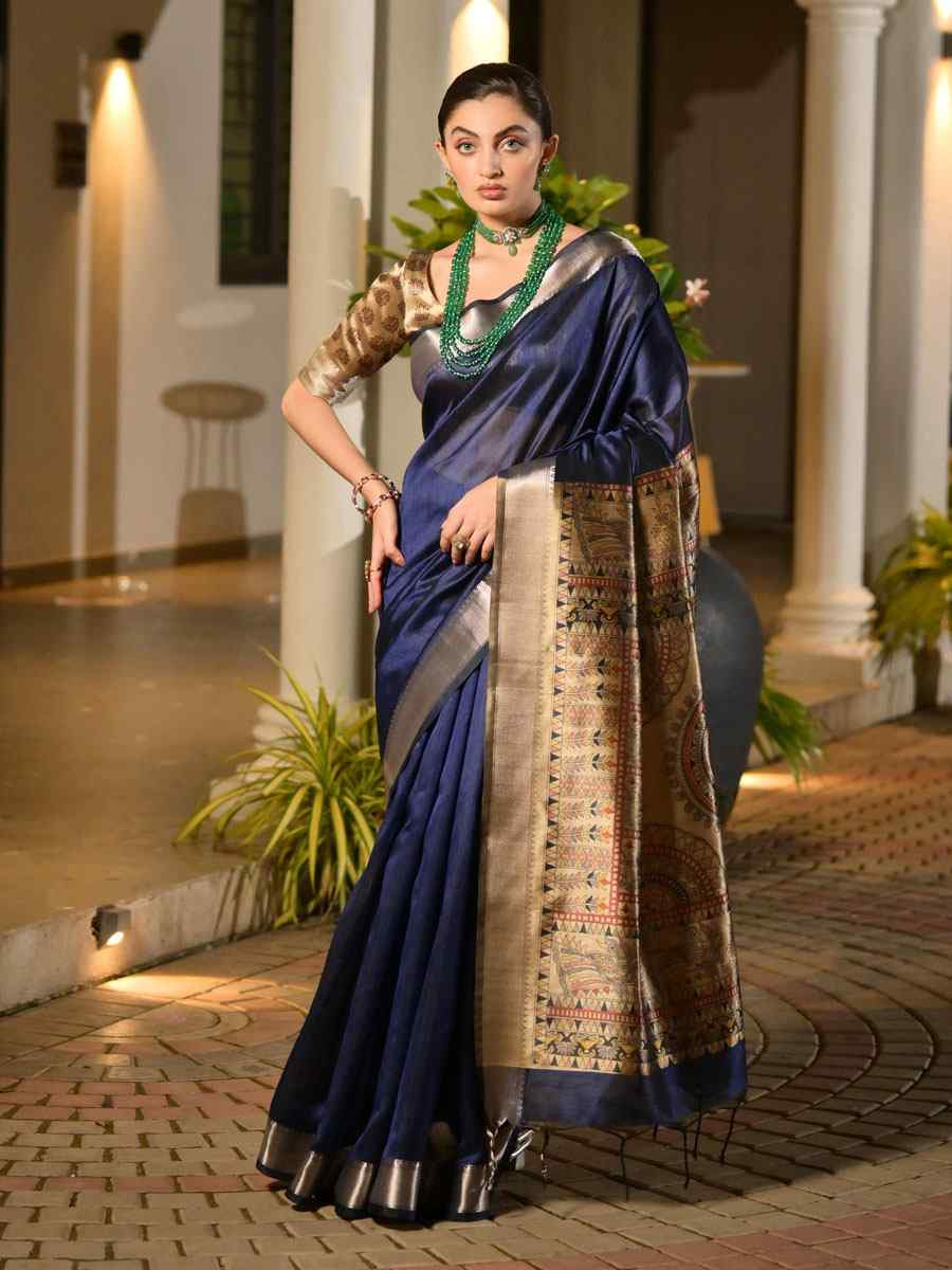 Navy Blue Soft Khadi Raw Silk Printed Zari Handwoven Festival Wedding Fancy Heavy Border Saree