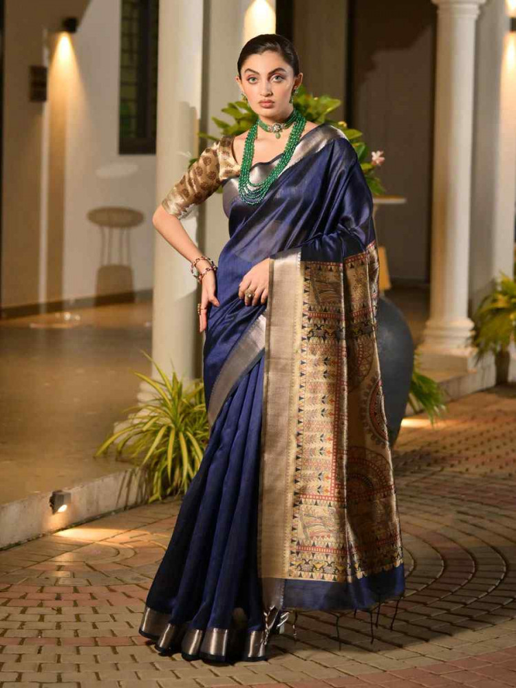 Image of Navy Blue Soft Khadi Raw Silk Printed Zari Handwoven Festival Wedding Fancy Heavy Border Saree