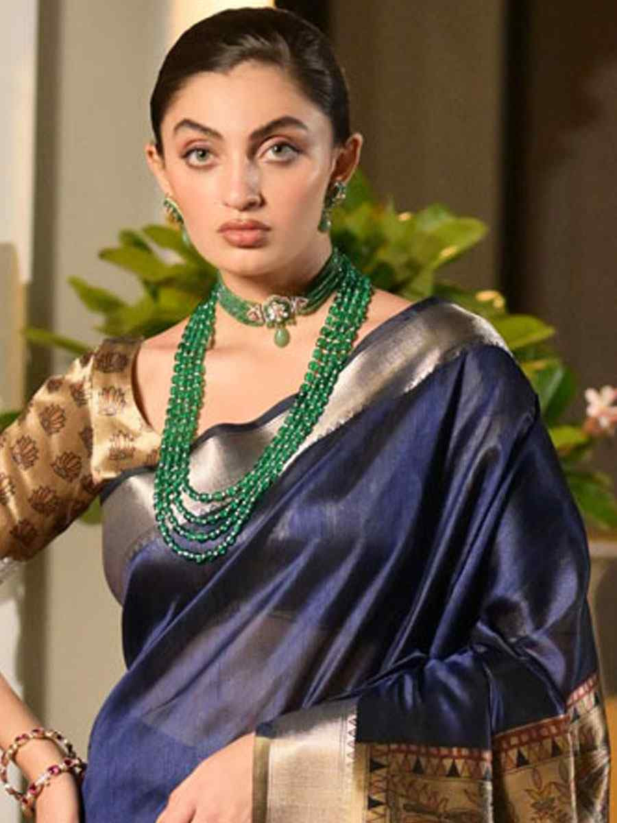 Navy Blue Soft Khadi Raw Silk Printed Zari Handwoven Festival Wedding Fancy Heavy Border Saree