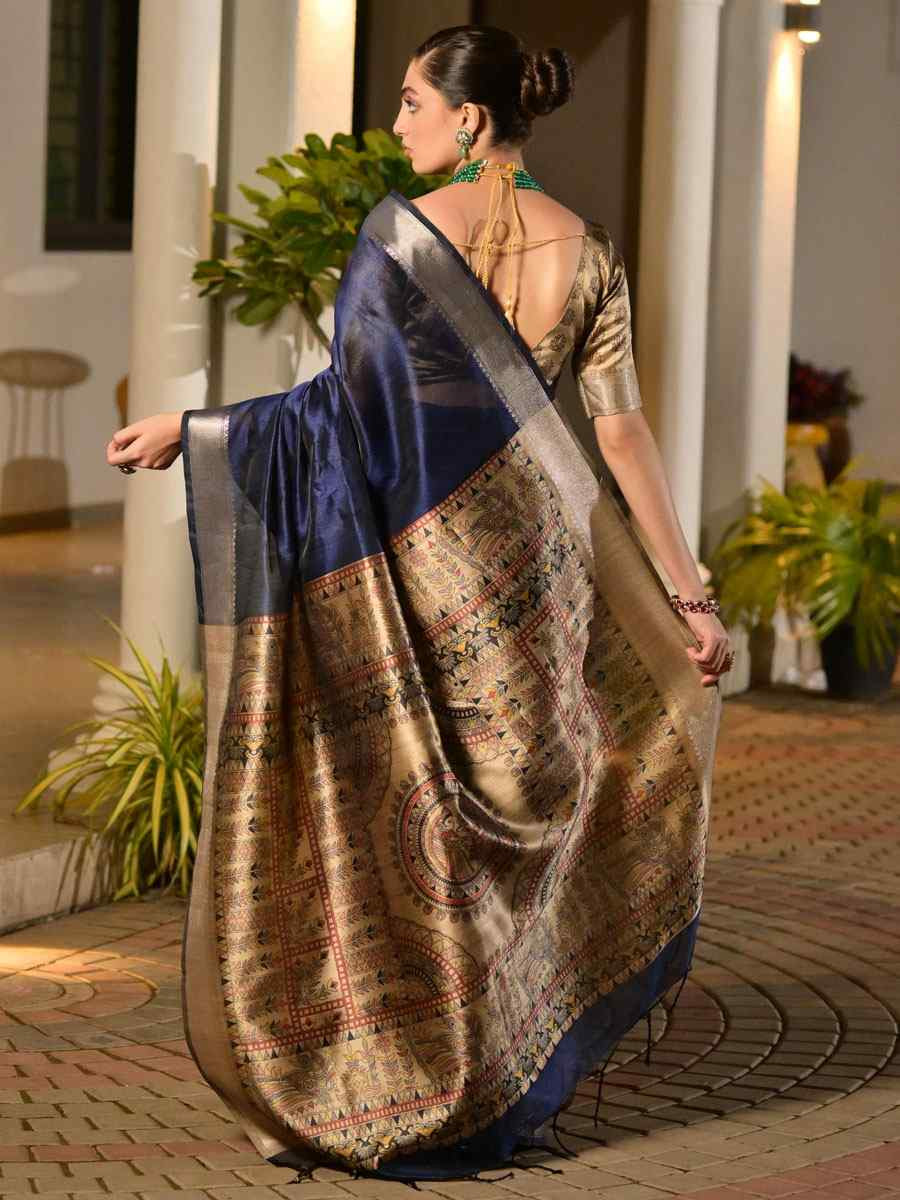 Navy Blue Soft Khadi Raw Silk Printed Zari Handwoven Festival Wedding Fancy Heavy Border Saree