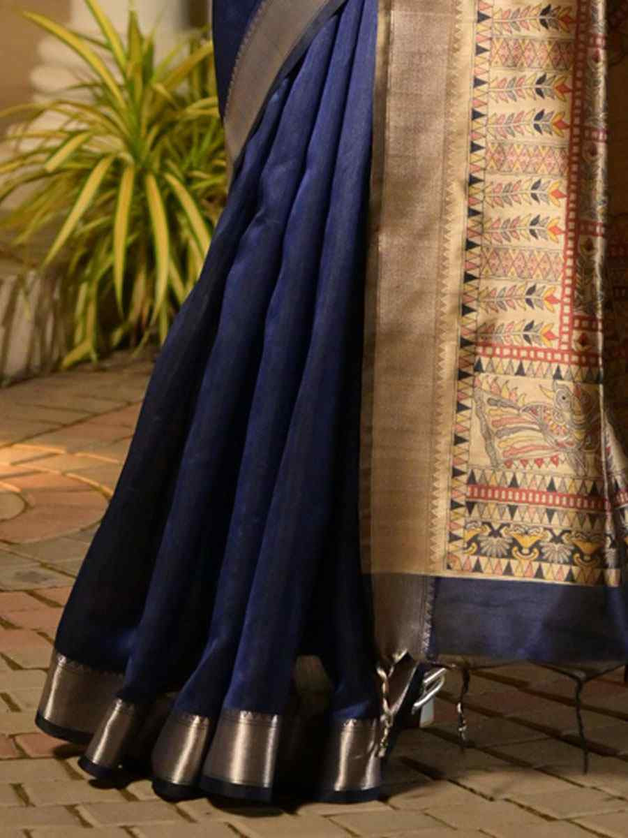 Navy Blue Soft Khadi Raw Silk Printed Zari Handwoven Festival Wedding Fancy Heavy Border Saree