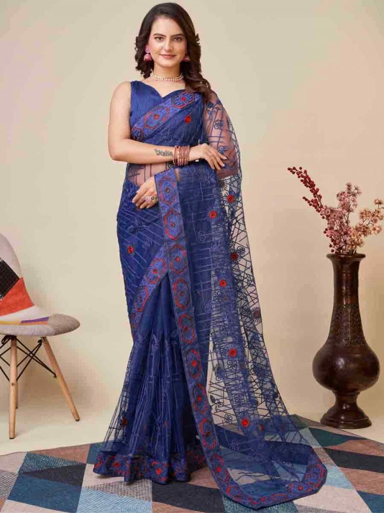 Navy Blue Soft Net Embroidered Festival Party Classic Style Saree