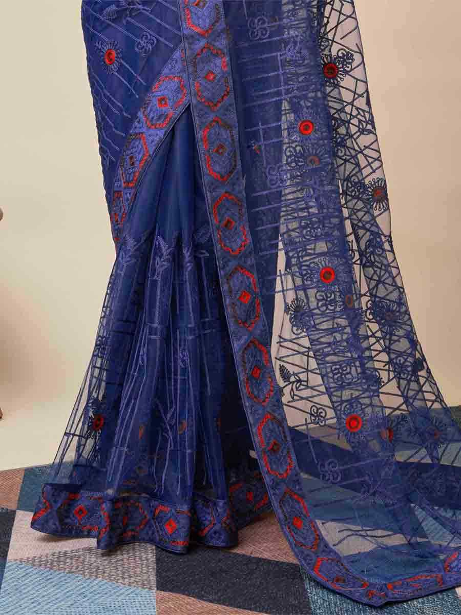 Navy Blue Soft Net Embroidered Festival Party Classic Style Saree