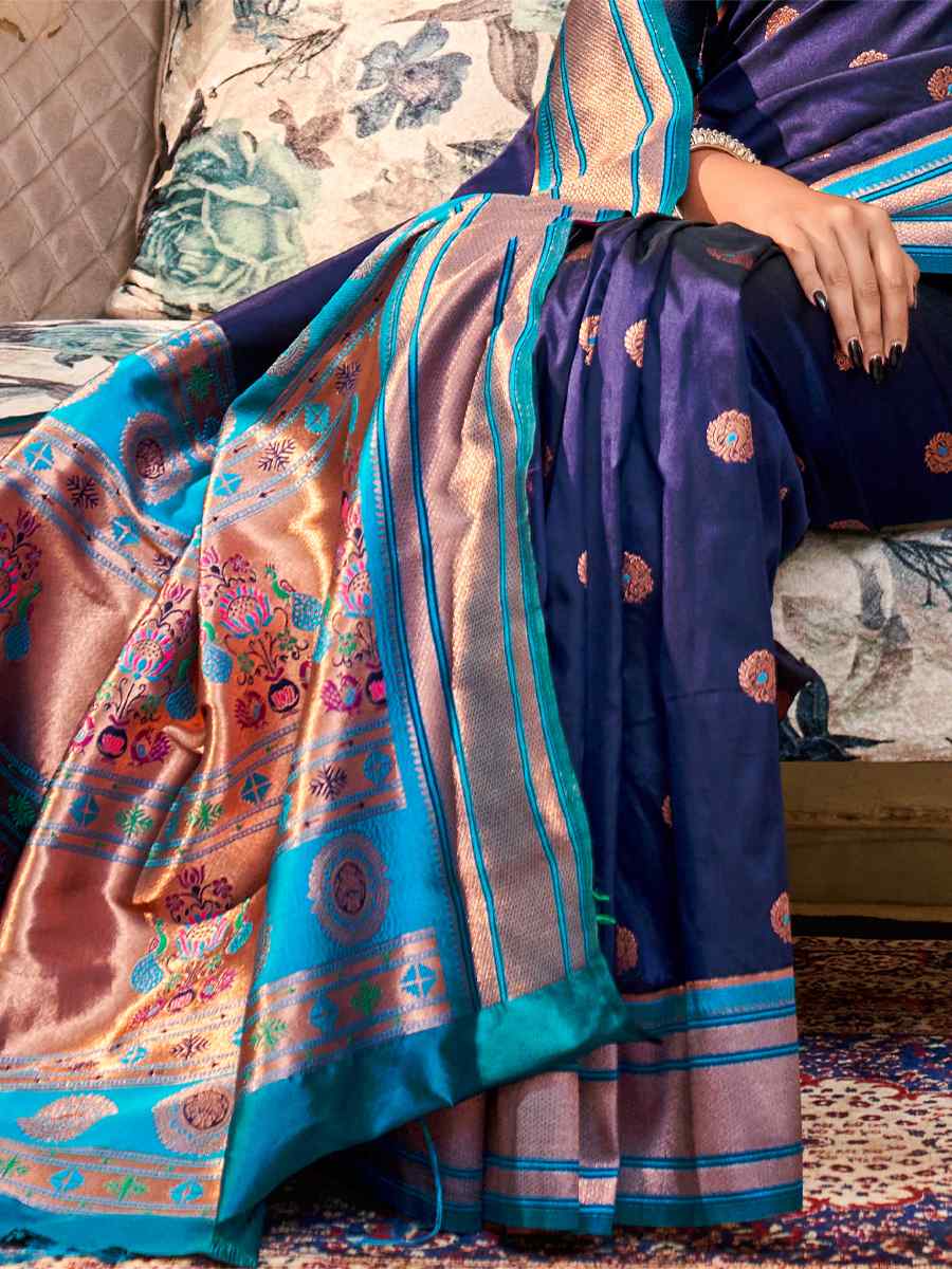 Navy Blue Soft Paithani Silk Handwoven Wedding Festival Heavy Border Saree