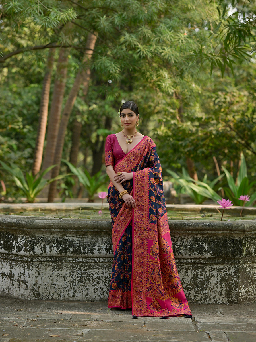 Navy Blue Soft Pashmina Silk Zari Handwoven Casual Reception Festival Wedding Fancy Classic Heavy Border Sarees