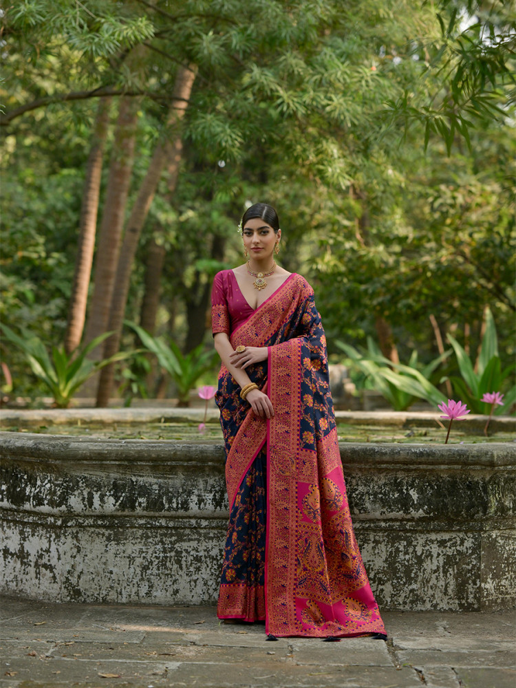 Image of Navy Blue Soft Pashmina Silk Zari Handwoven Casual Reception Festival Wedding Fancy Classic Heavy Border Sarees