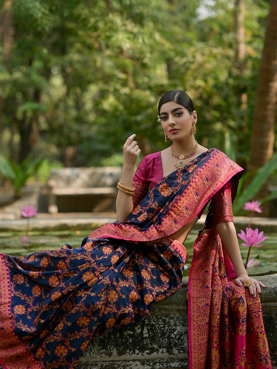 Navy Blue Soft Pashmina Silk Zari Handwoven Casual Reception Festival Wedding Fancy Classic Heavy Border Sarees