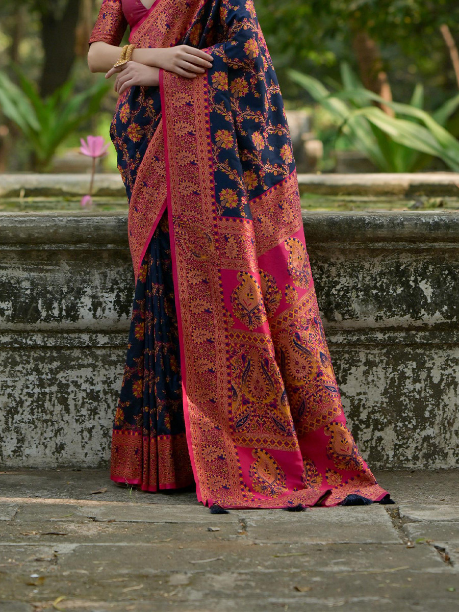 Navy Blue Soft Pashmina Silk Zari Handwoven Casual Reception Festival Wedding Fancy Classic Heavy Border Sarees