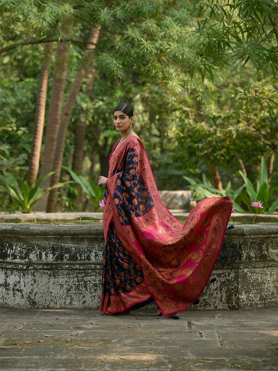 Navy Blue Soft Pashmina Silk Zari Handwoven Casual Reception Festival Wedding Fancy Classic Heavy Border Sarees