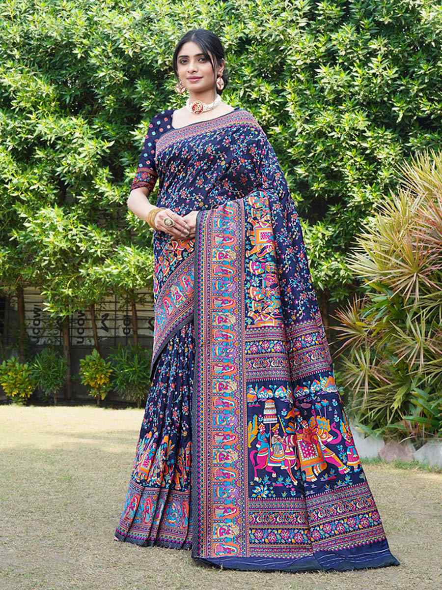 Navy Blue Soft Pure Silk Handwoven Festival Wedding Fancy Heavy Border Saree