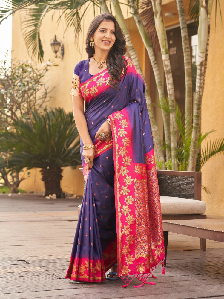 Image of Navy Blue Soft Silk Banarasi Zari Weaves Meenakari Work Wedding Reception Party Festival Casual Heavy Border Sarees