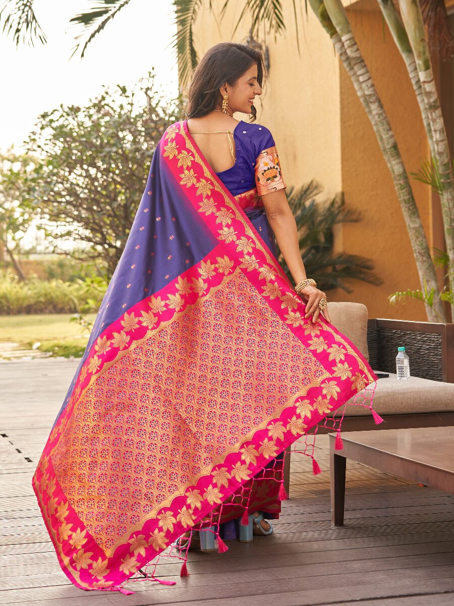 Navy Blue Soft Silk Banarasi Zari Weaves Meenakari Work Wedding Reception Party Festival Casual Heavy Border Sarees