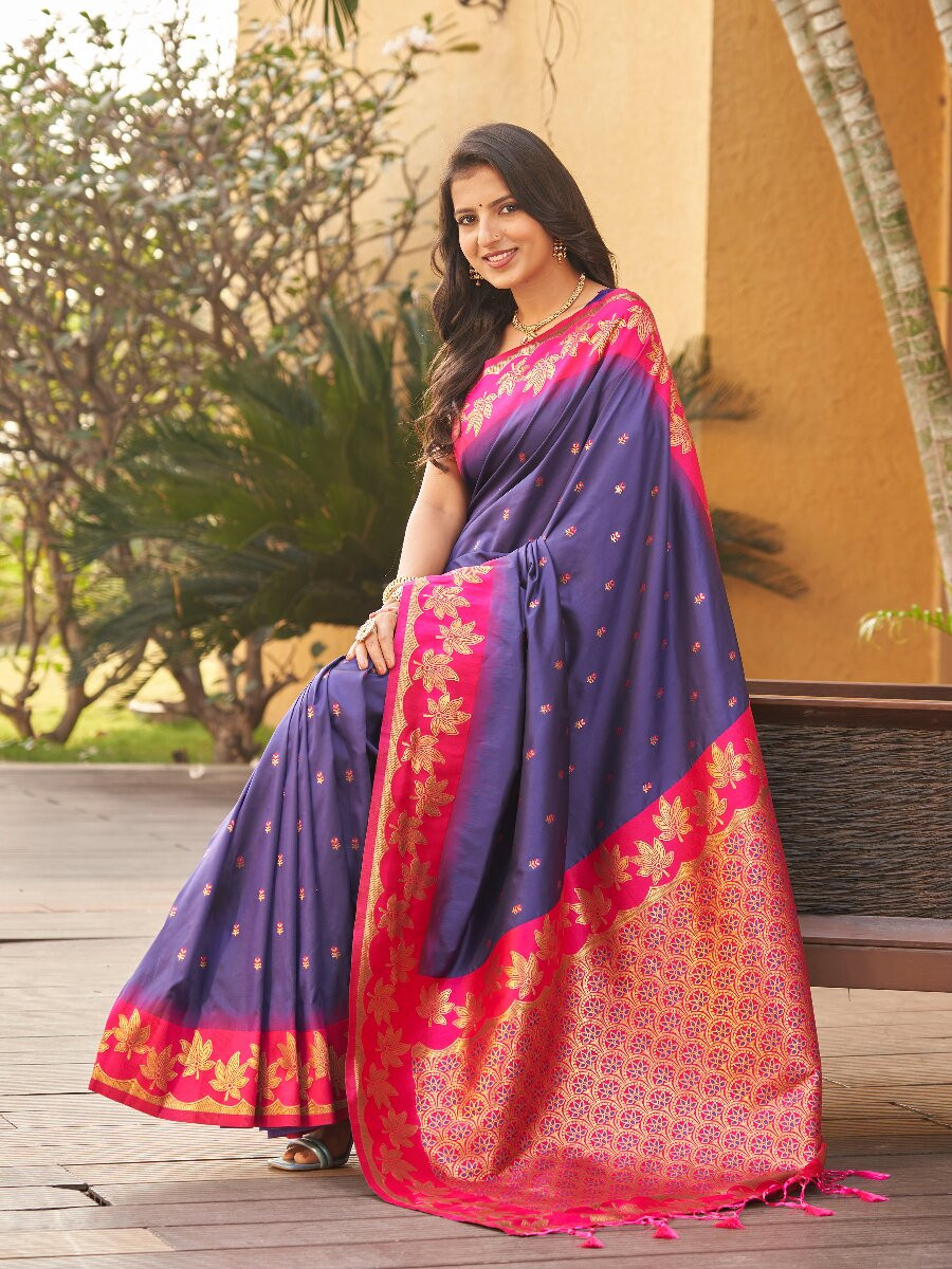 Navy Blue Soft Silk Banarasi Zari Weaves Meenakari Work Wedding Reception Party Festival Casual Heavy Border Sarees