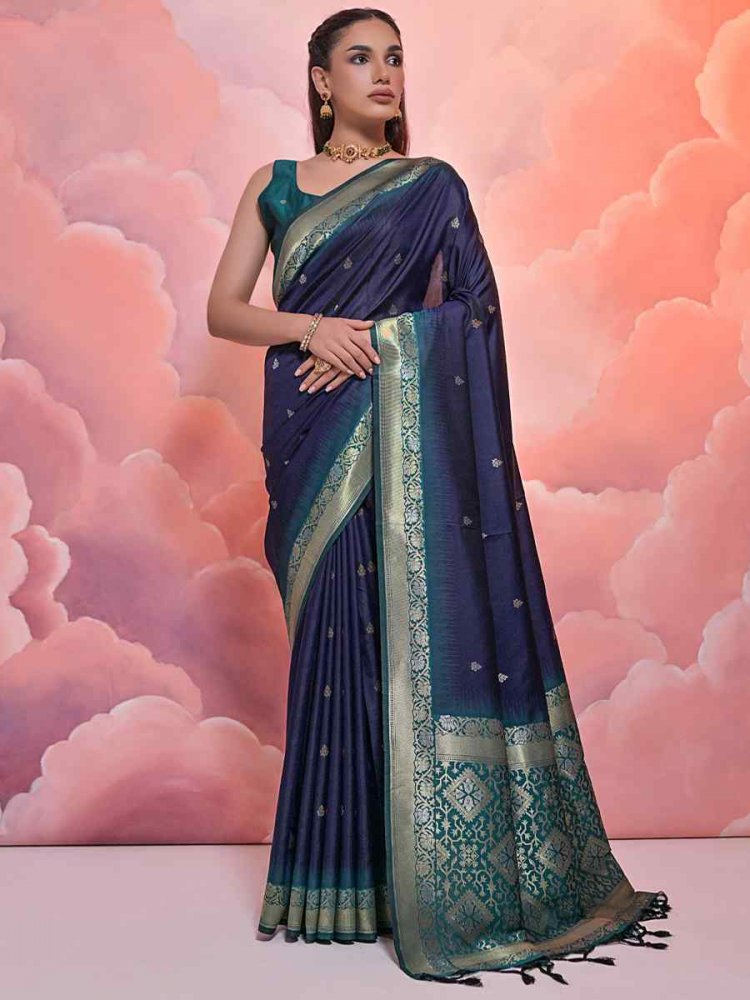 Navy Blue Soft Silk Handwoven Casual Festival Classic Style Saree