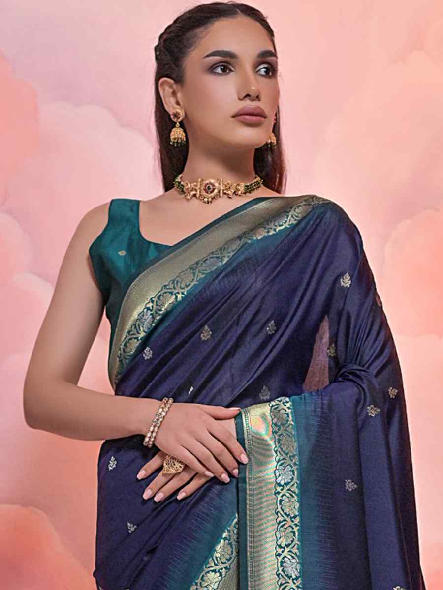 Navy Blue Soft Silk Handwoven Casual Festival Classic Style Saree