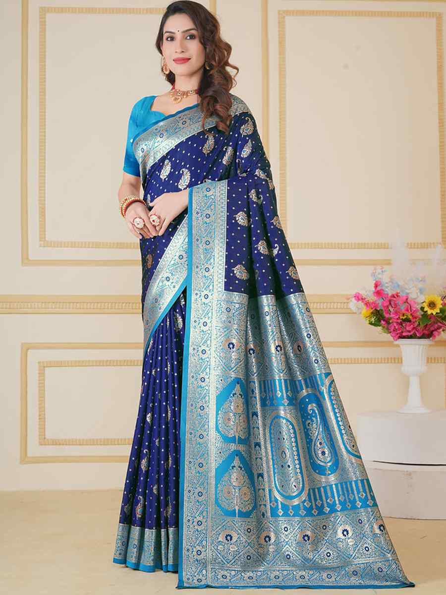 Navy Blue Soft Silk Handwoven Festival Wedding Fancy Heavy Border Saree
