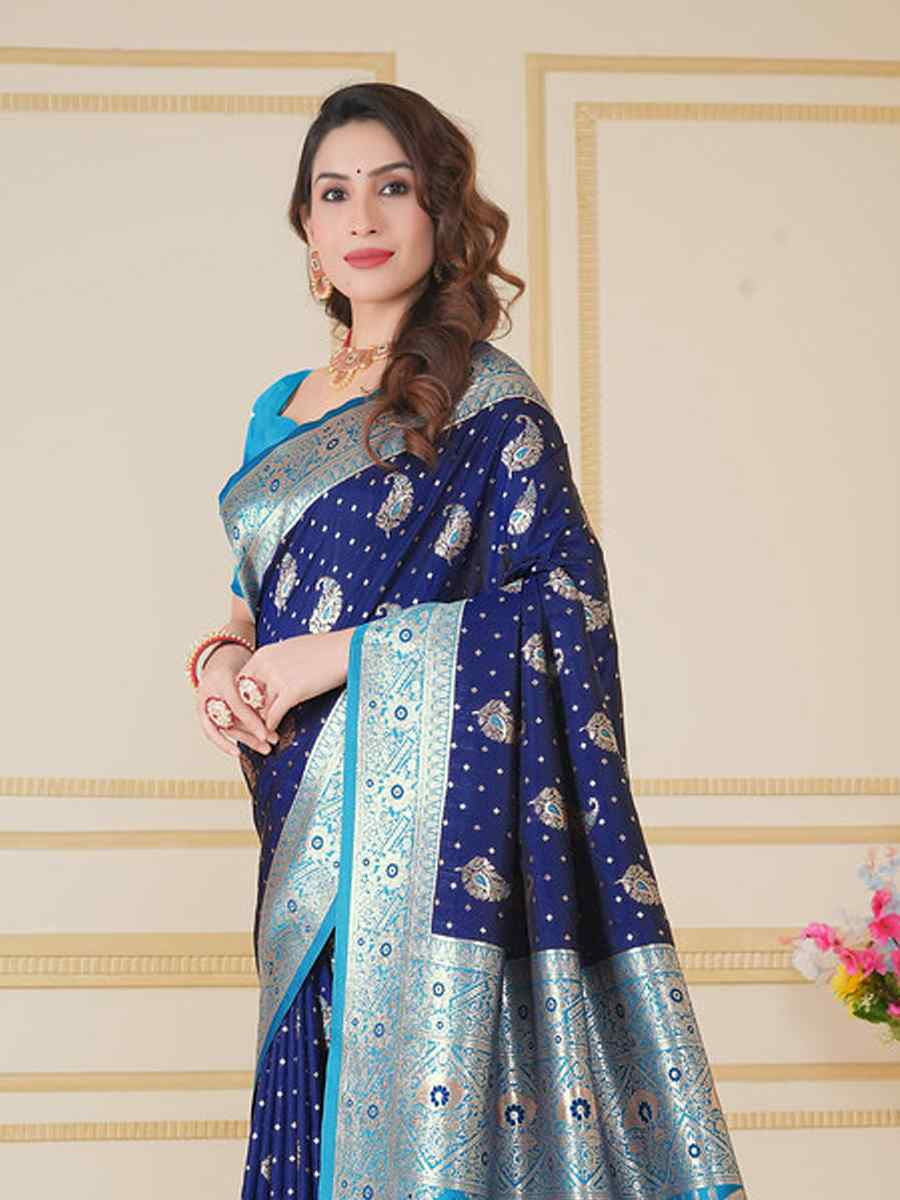 Navy Blue Soft Silk Handwoven Festival Wedding Fancy Heavy Border Saree