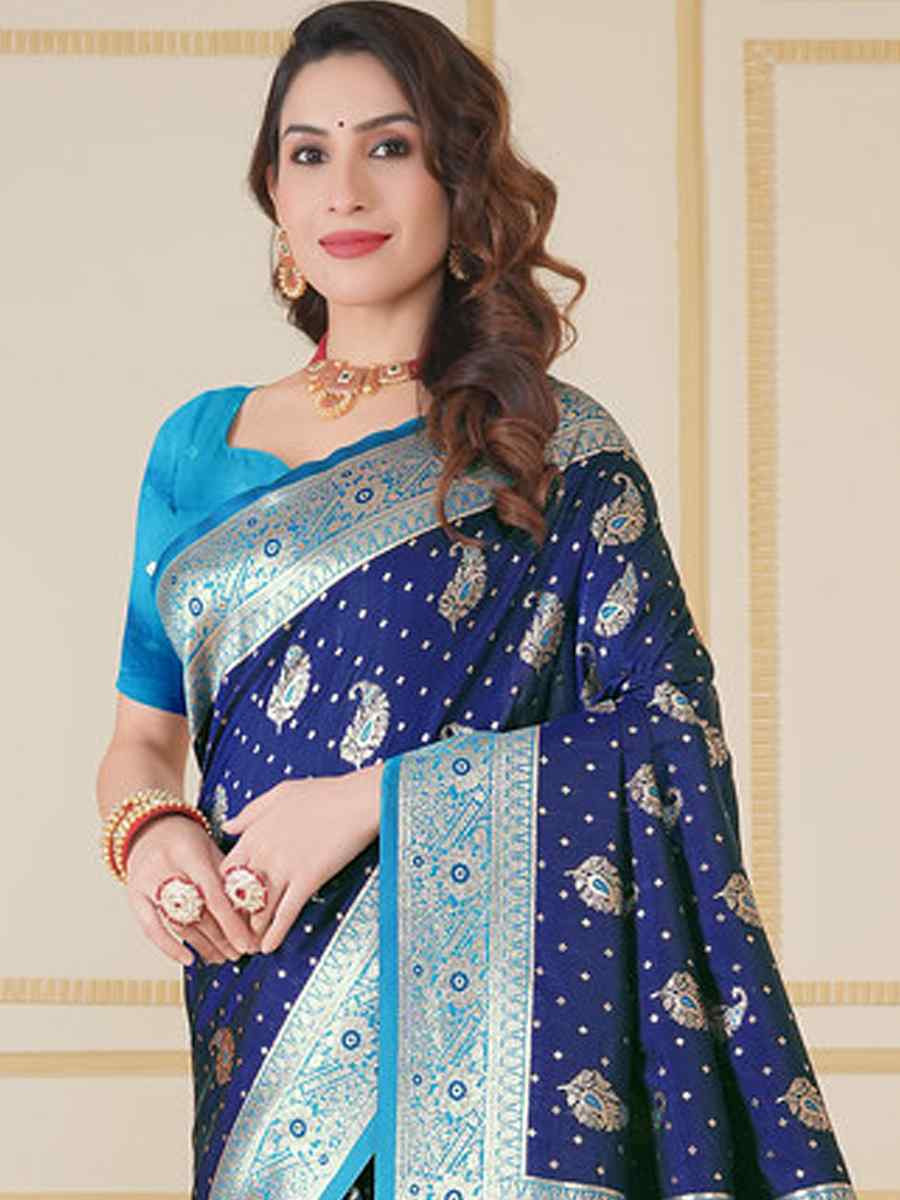 Navy Blue Soft Silk Handwoven Festival Wedding Fancy Heavy Border Saree