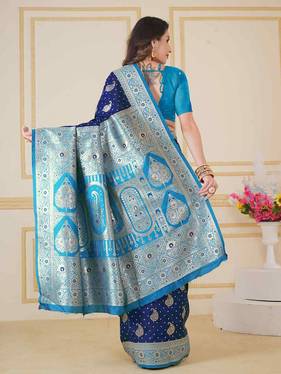 Navy Blue Soft Silk Handwoven Festival Wedding Fancy Heavy Border Saree