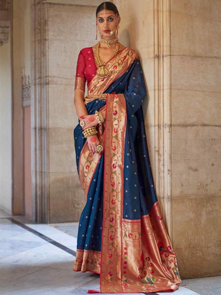 Navy Blue Soft Silk Handwoven Wedding Bridal Heavy Border Saree